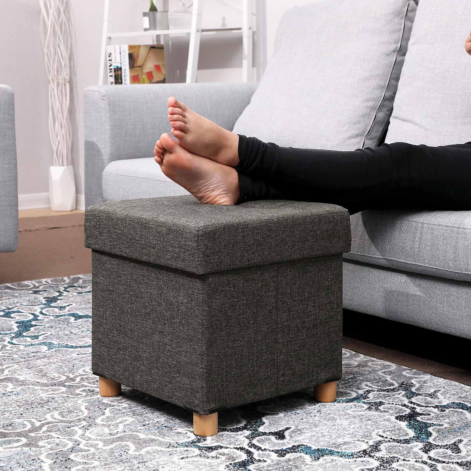 Pouf - med förvaringsutrymme - träben - säteslåda - beige
