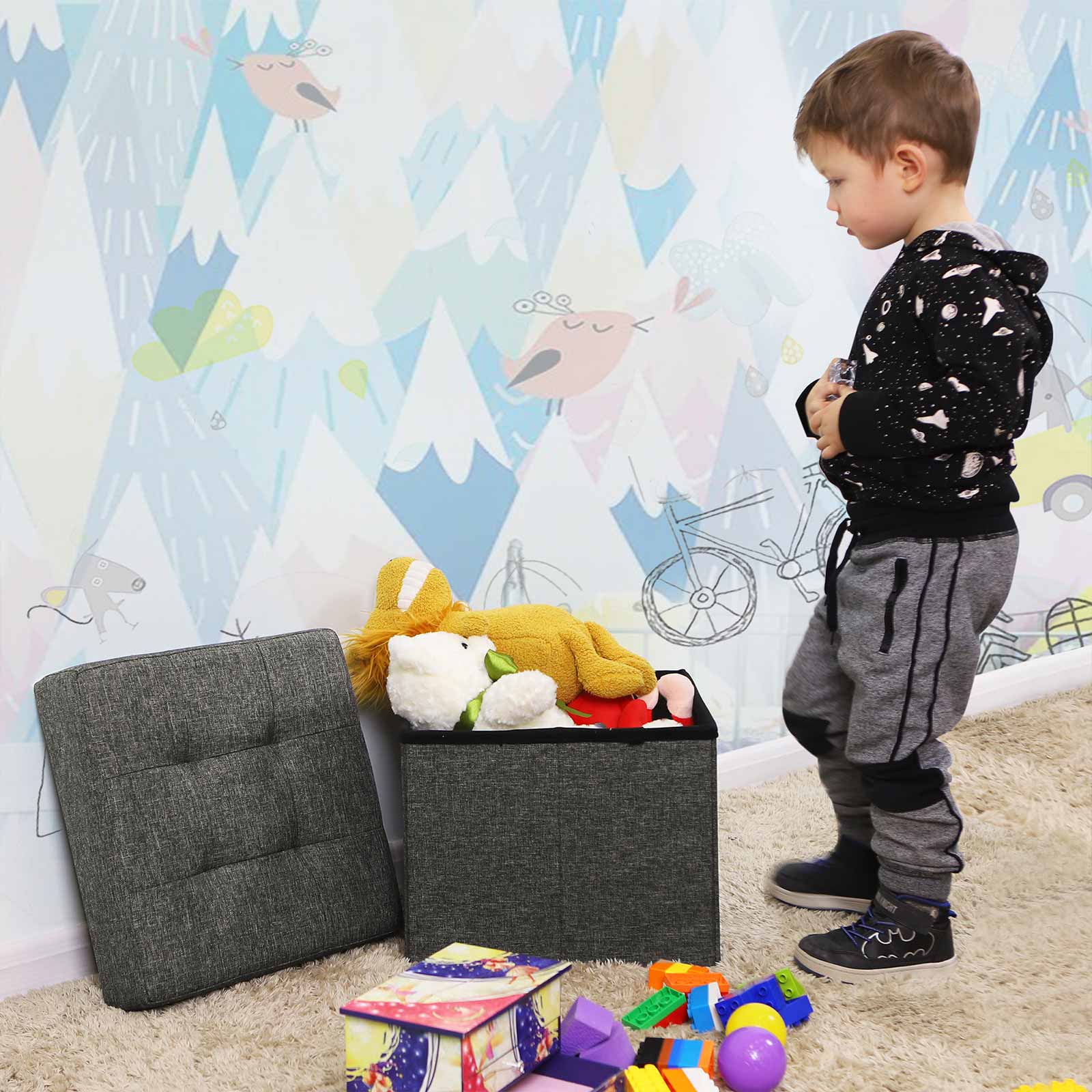 Pouf - med förvaringsutrymme - träben - säteslåda - beige