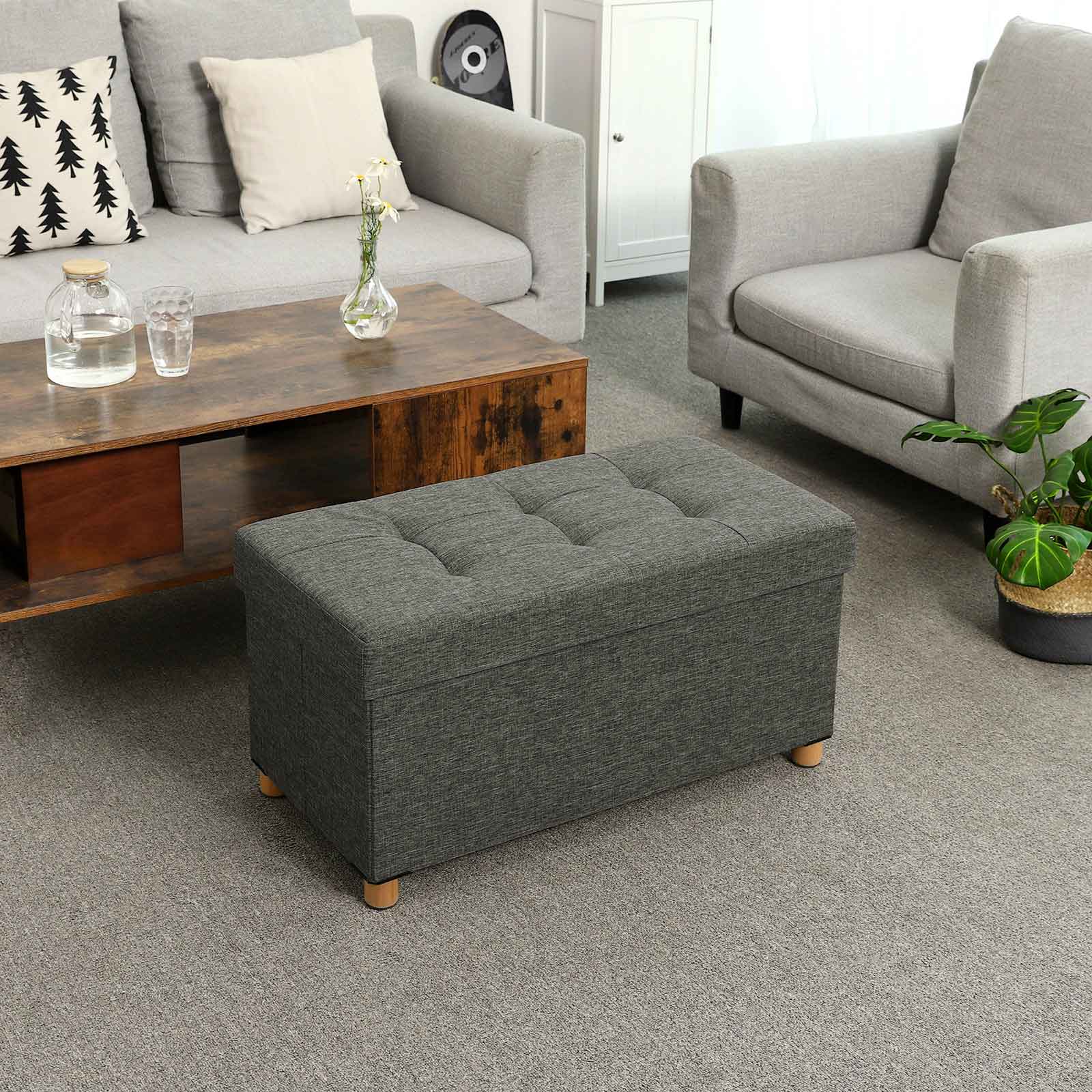Seat Box - Pouf med förvaringsutrymme och lock - fotpall - träben - 76 x 38 x 40 cm - mörkgrå