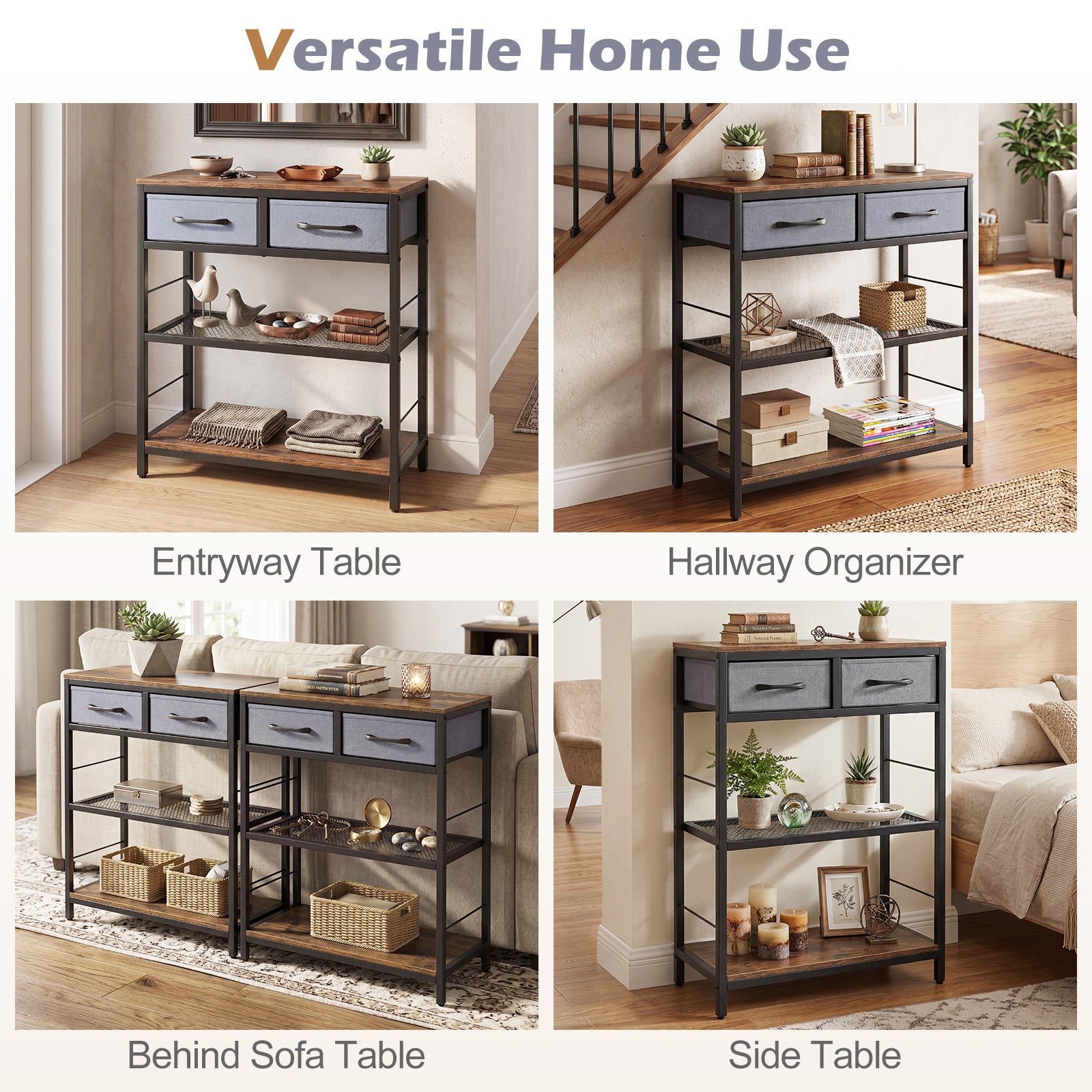 Smal – konsolbord, entrébord med två tygfacklådor och öppna hyllor cm, rustikbrunt – 60 x 30 x 81