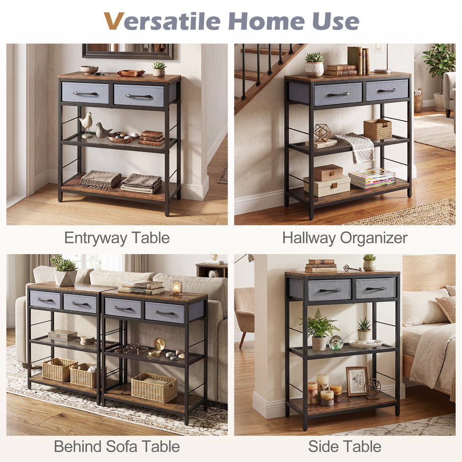 Smal – konsolbord, entrébord med två tygfacklådor och öppna hyllor cm, rustikbrunt – 60 x 30 x 81