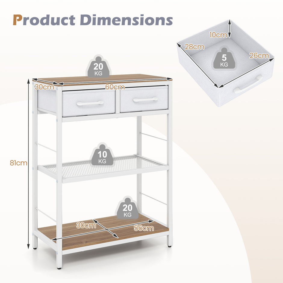 Smal – konsolbord, entrébord med två tygfacklådor och öppna hyllor – 60 x 30 x 81 cm