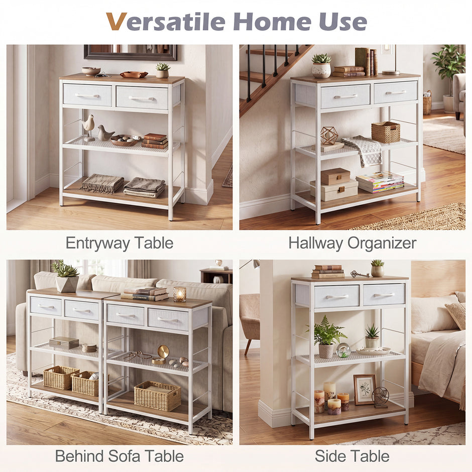 Smal – konsolbord, entrébord med två tygfacklådor och öppna hyllor – 60 x 30 x 81 cm