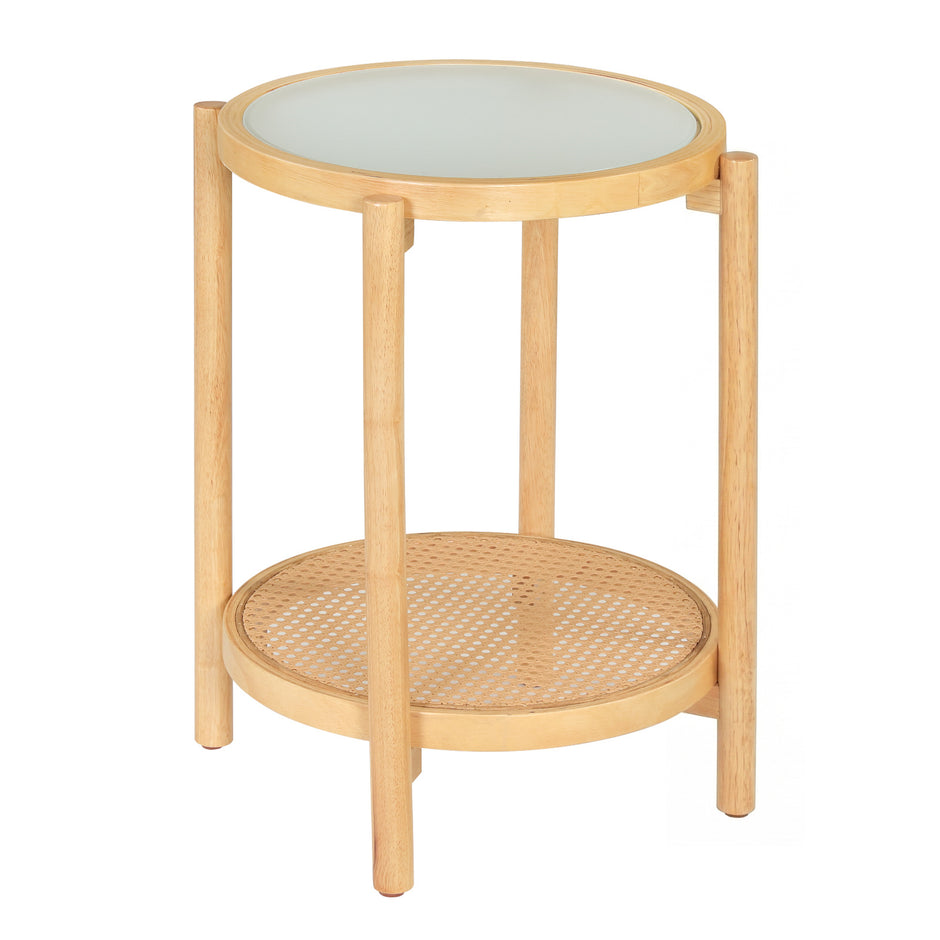 Soffbord – i boho stil med glasplatta och rottinghylla, sidobord Naturfärg – 47,5 x 47,5 x 58 cm