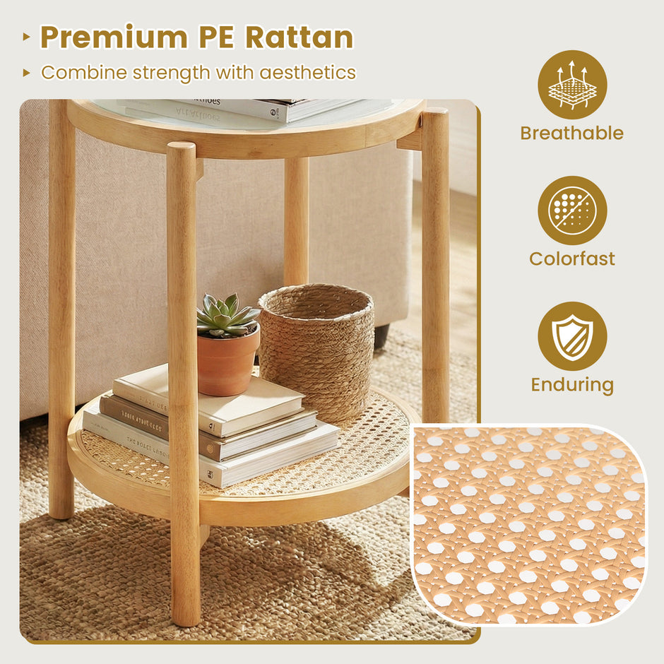 Soffbord – i boho stil med glasplatta och rottinghylla, sidobord Naturfärg – 47,5 x 47,5 x 58 cm