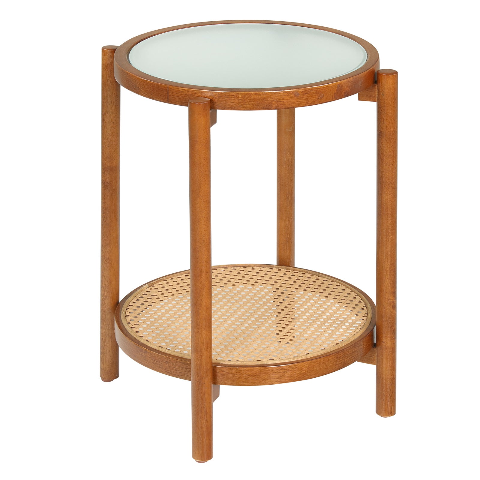 Soffbord – i boho stil med glasplatta och rottinghylla, sidobord – 47,5 x 47,5 x 58 cm