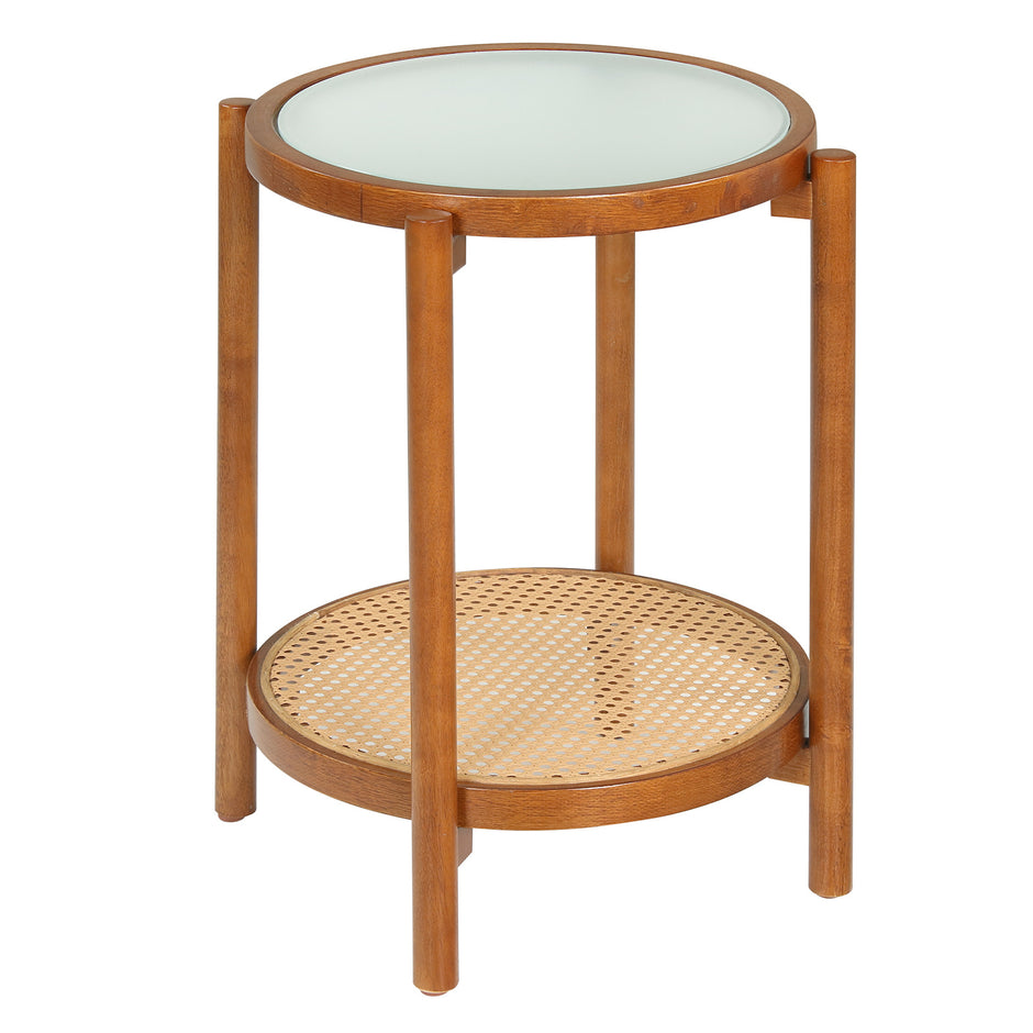 Soffbord – i boho stil med glasplatta och rottinghylla, sidobord – 47,5 x 47,5 x 58 cm