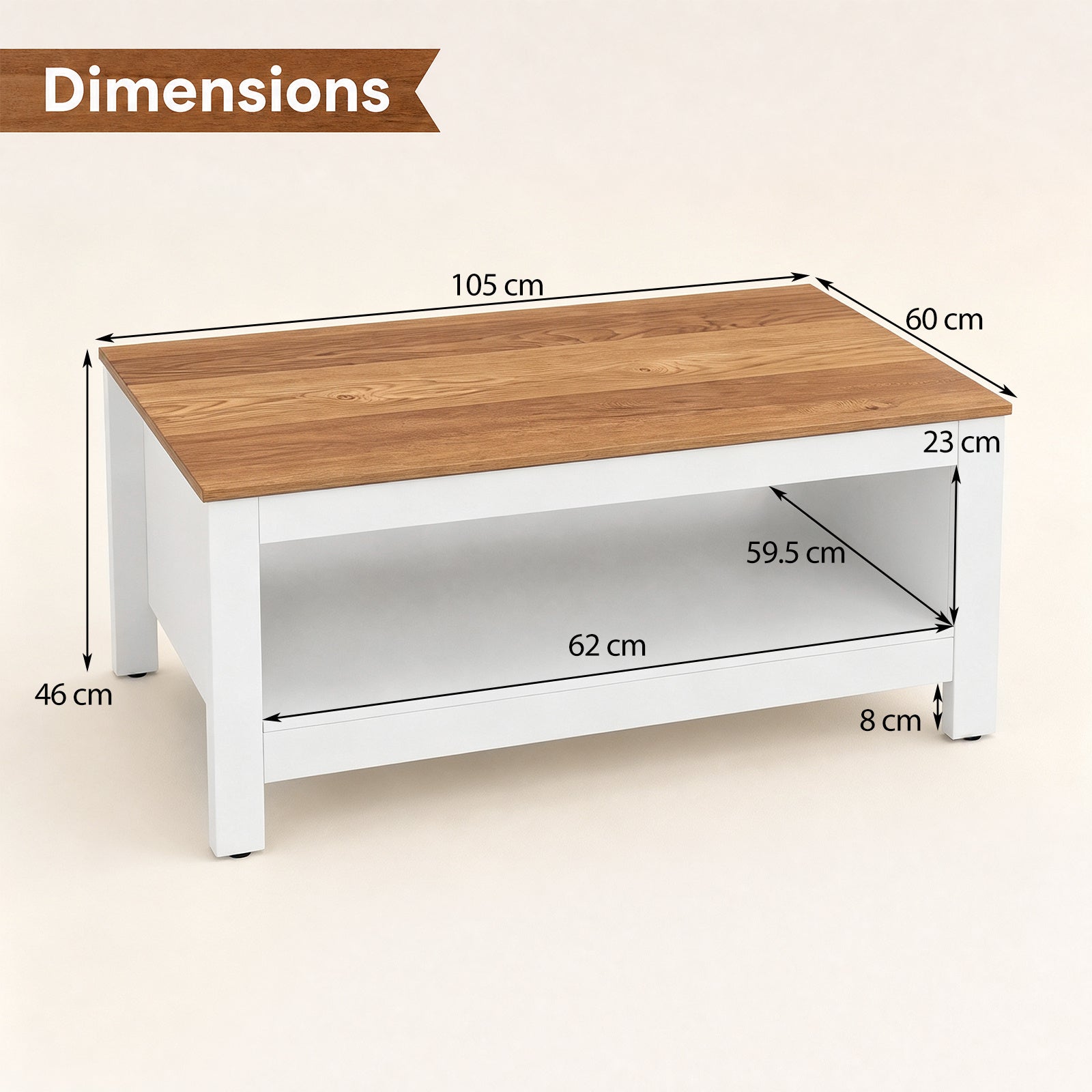 Soffbord – med förvaring, tvånivå vardagsrumsbord Vitt – 105 x 60 x 46 cm