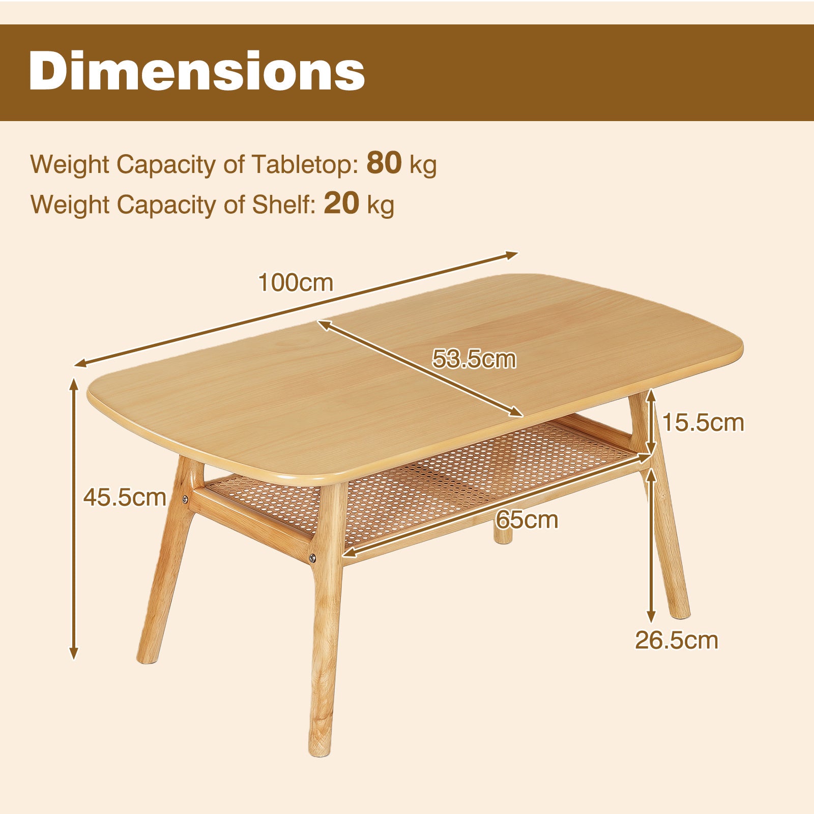 Soffbord – sidobord med två nivåer och öppen hylla, vardagsrumsbord Naturfärg – / 100 x 53,5 x 45,5 cm