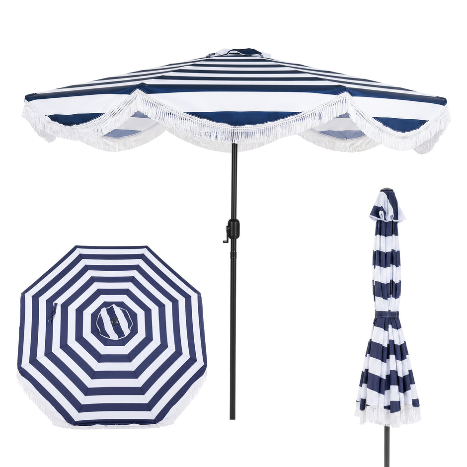 Solparasoll – strandparasoll lutningsbar med vev balkongparasoll fransar trädgårdsparassoll – Ø 278 cm – Blå och vit