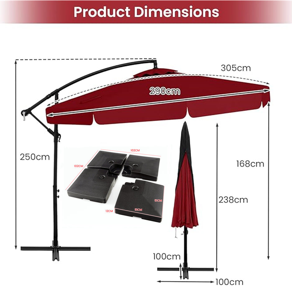 Solparasoll – med skyddsfodral Röd + liters stativ fyllbart upp till Set – 300 cm 80 108 kg