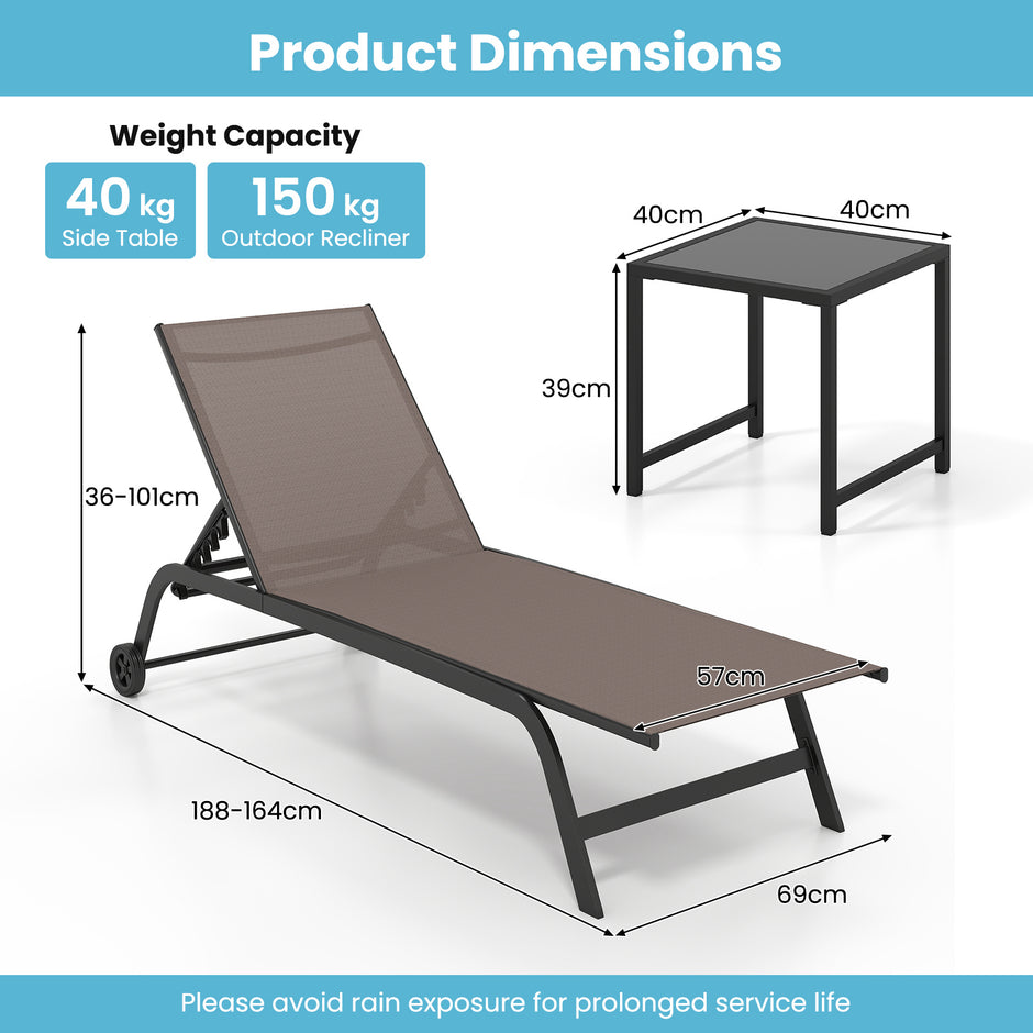 Solsäng – med hjul och sidobord, utomhusliggare maxbelastning upp till – 150 kg
