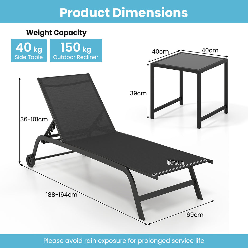 Solsäng – med hjul och sidobord, utomhusliggare maxbelastning upp till – 150 kg