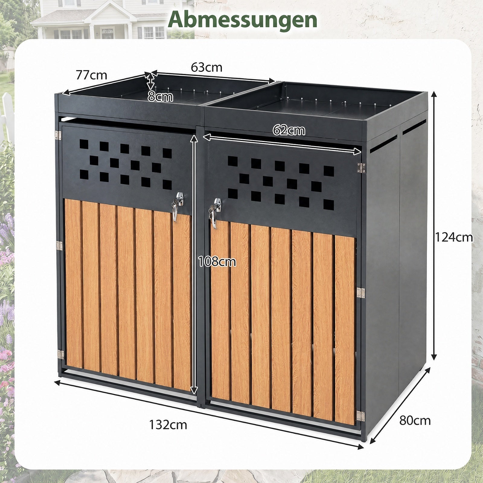 Soptunneförråd – för två kärl i galvaniserad stål med planterbart tak, mått – 132 x 80 x 124 cm