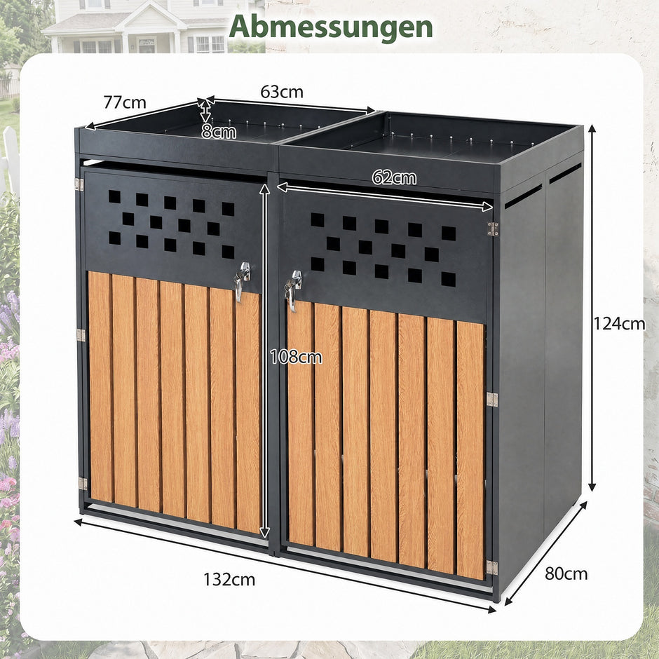Soptunneförråd – för två kärl i galvaniserad stål med planterbart tak, mått – 132 x 80 x 124 cm