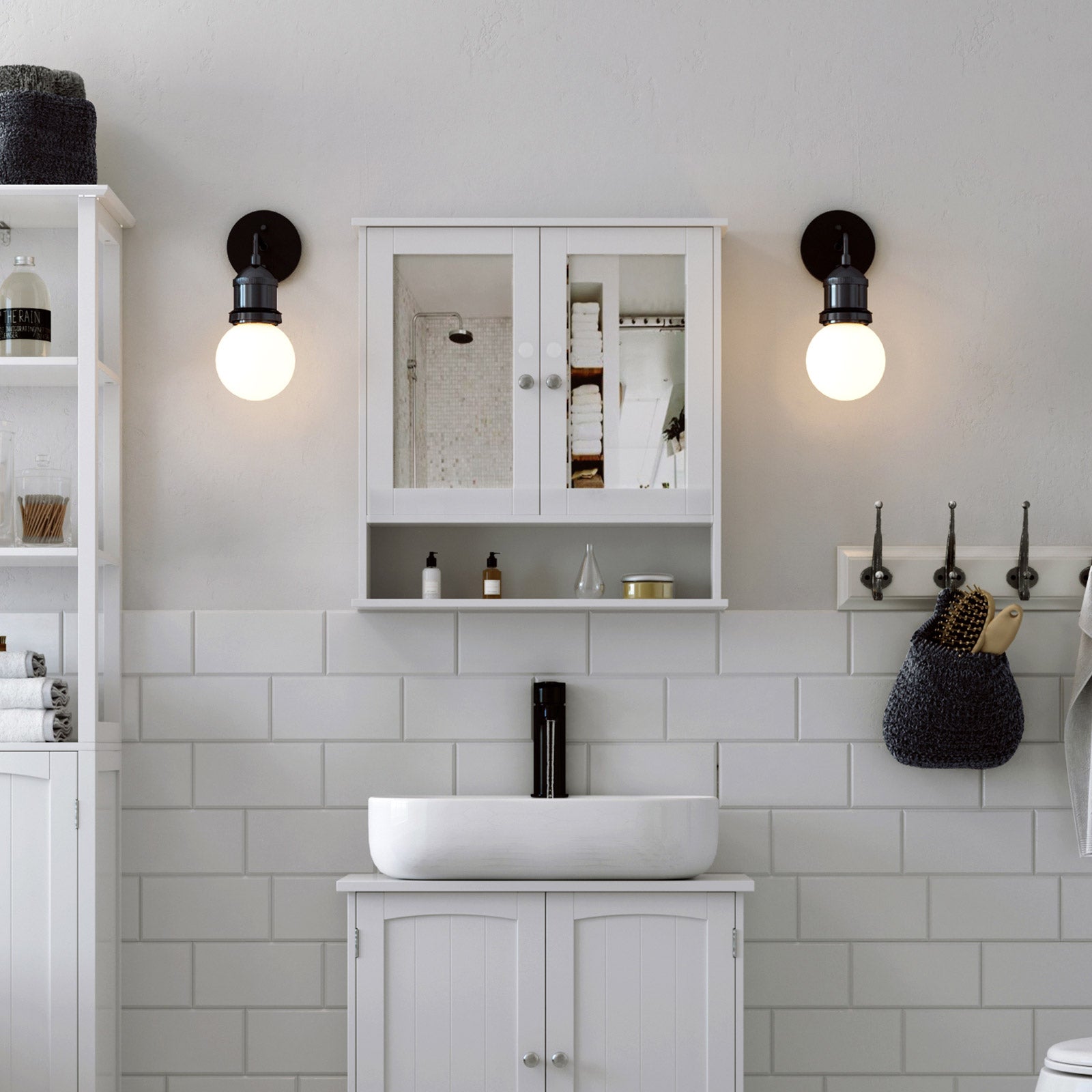 Spegelskåp - väggskåp - dubbel dörr - trä - vitt