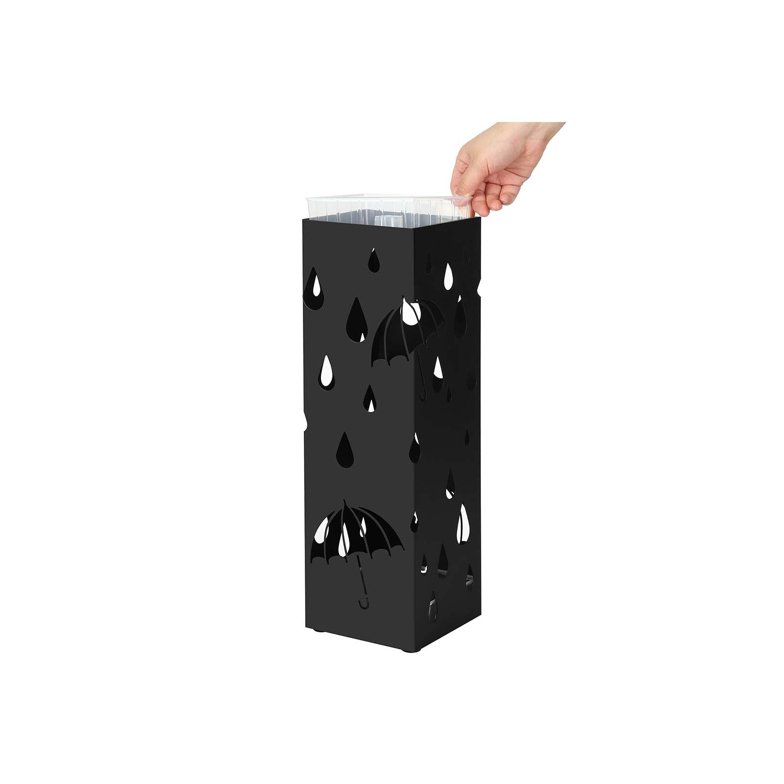 Paraplyhållare - Metal Square - Med 4 krokar och vattenuppsamlingsbink - Svart