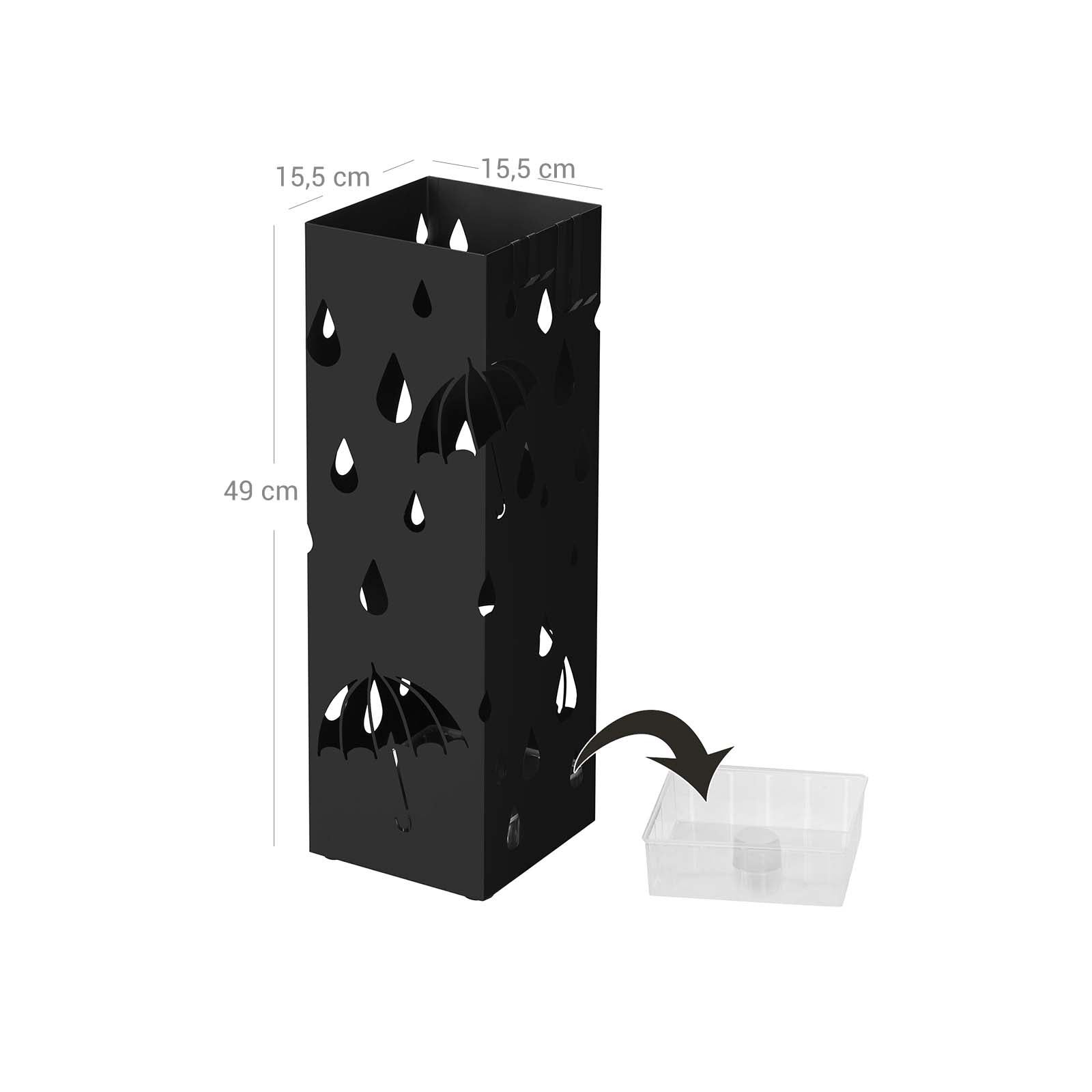 Paraplyhållare - Metal Square - Med 4 krokar och vattenuppsamlingsbink - Svart