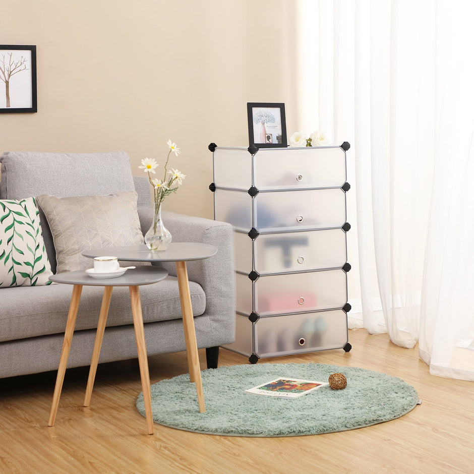 Skoställ – 10 fack – med dörrar – halvtransparent vit