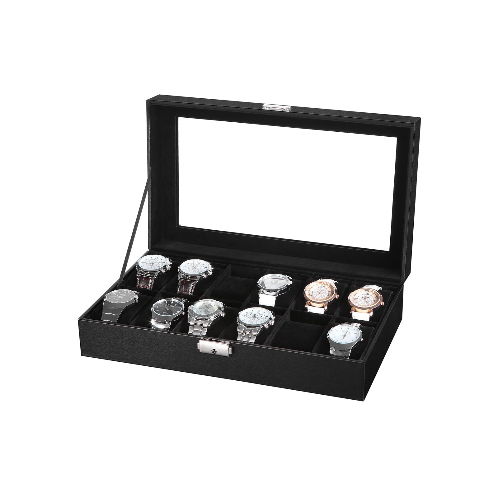 Watchbox - 12 klockor - glaslock - svart