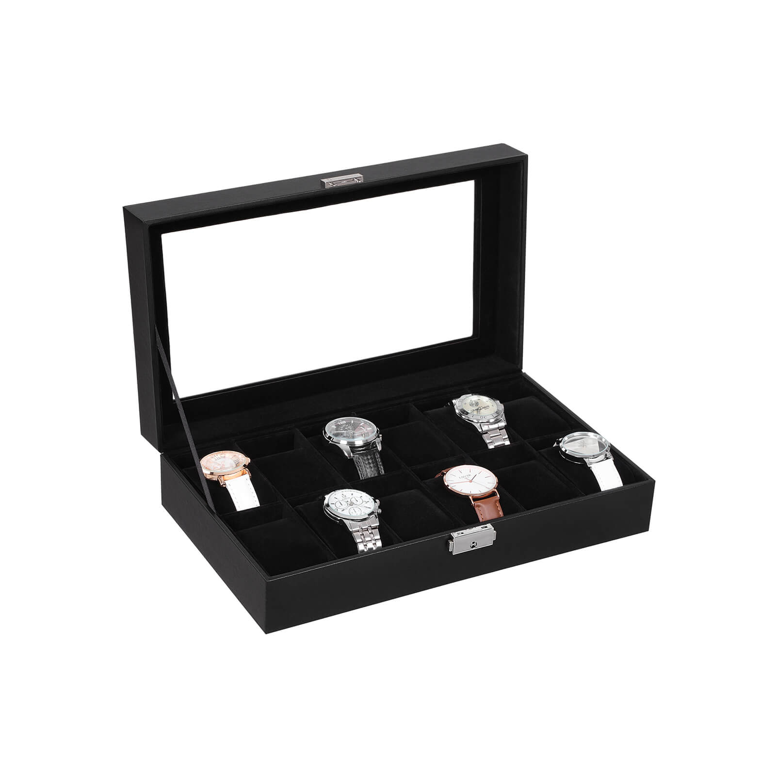 Watchbox - 12 klockor - glaslock - svart