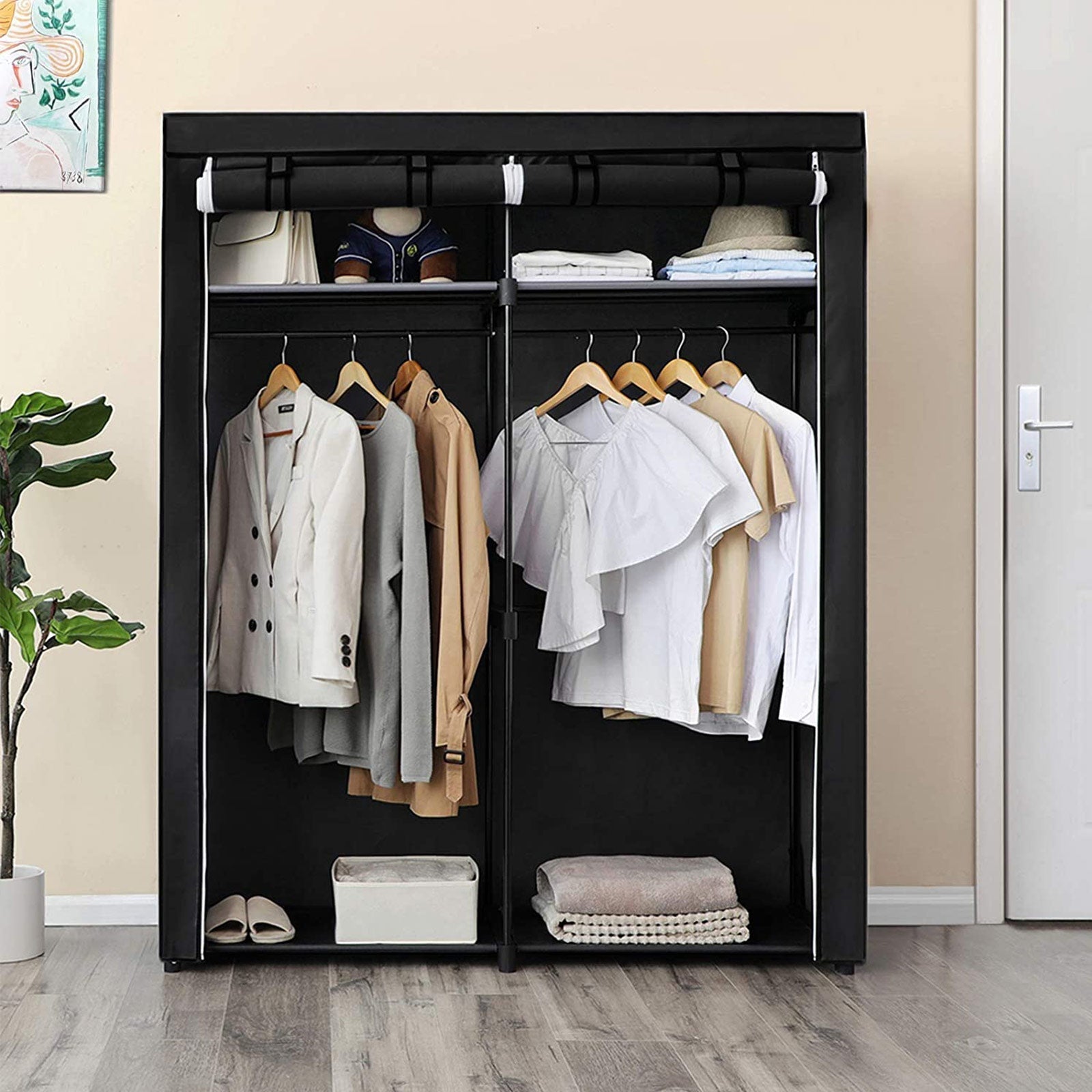 Garderob - tygfodral med 2 stavar - 140 x 43 x 174 cm - svart