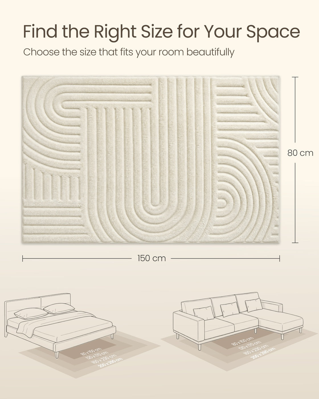 Vloerkleed - 150 x 80 cm - 3D Geometrisch Patroon - Wasbaar - Crèmewit