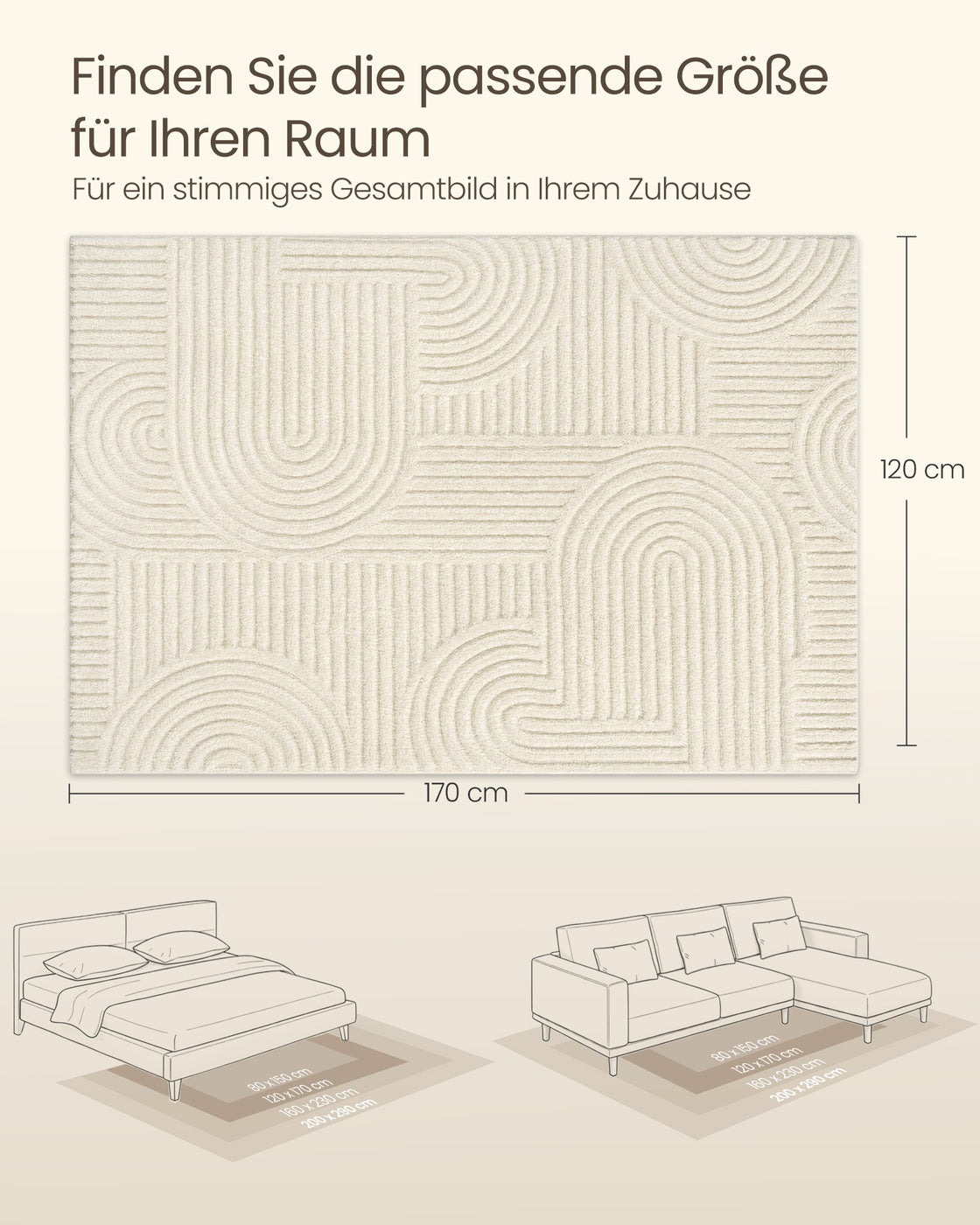 Vloerkleed - 170 x 120 cm - 3D Geometrisch Patroon - Wasbaar - Crèmewit