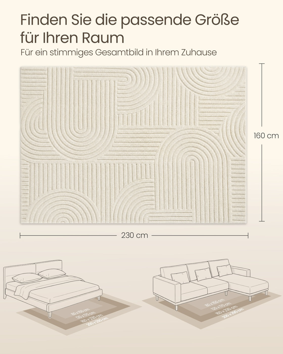 Vloerkleed - 230 x 160 cm - 3D Geometrisch Patroon - Wasbaar - Crèmewit