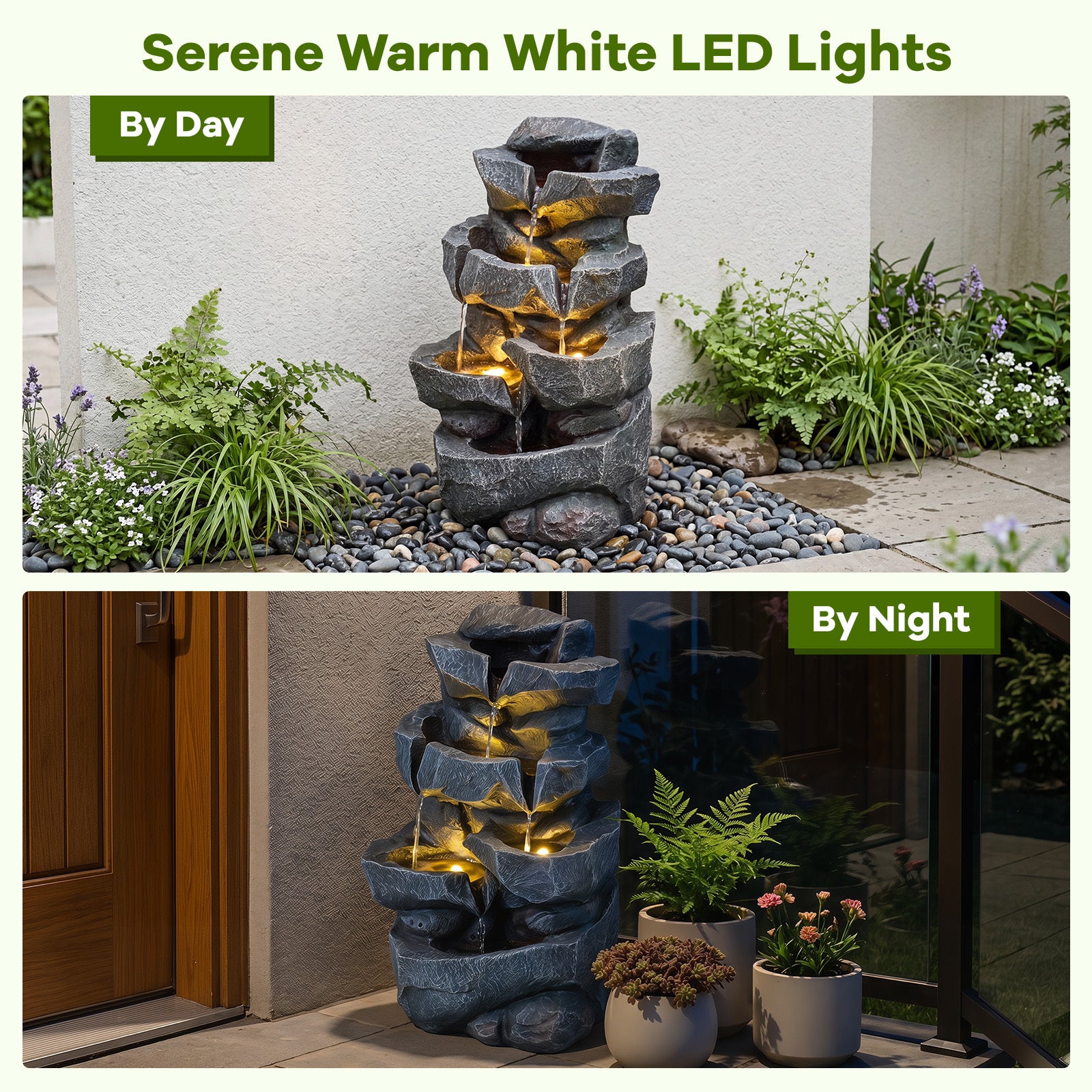 Trädgårdsfontän – med LED belysning vånings hartsfontän tyst pump – 5 29,5 x 21 x 47 cm – Svart