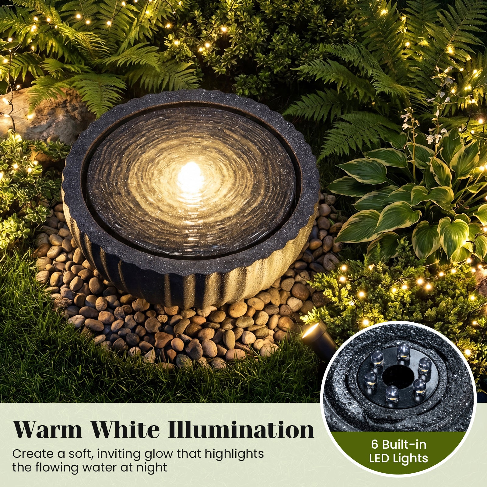 Trädgårdsfontän – rund springbrunn med LED belysning liten terrassfontän stensimuleringsfinish – Svart