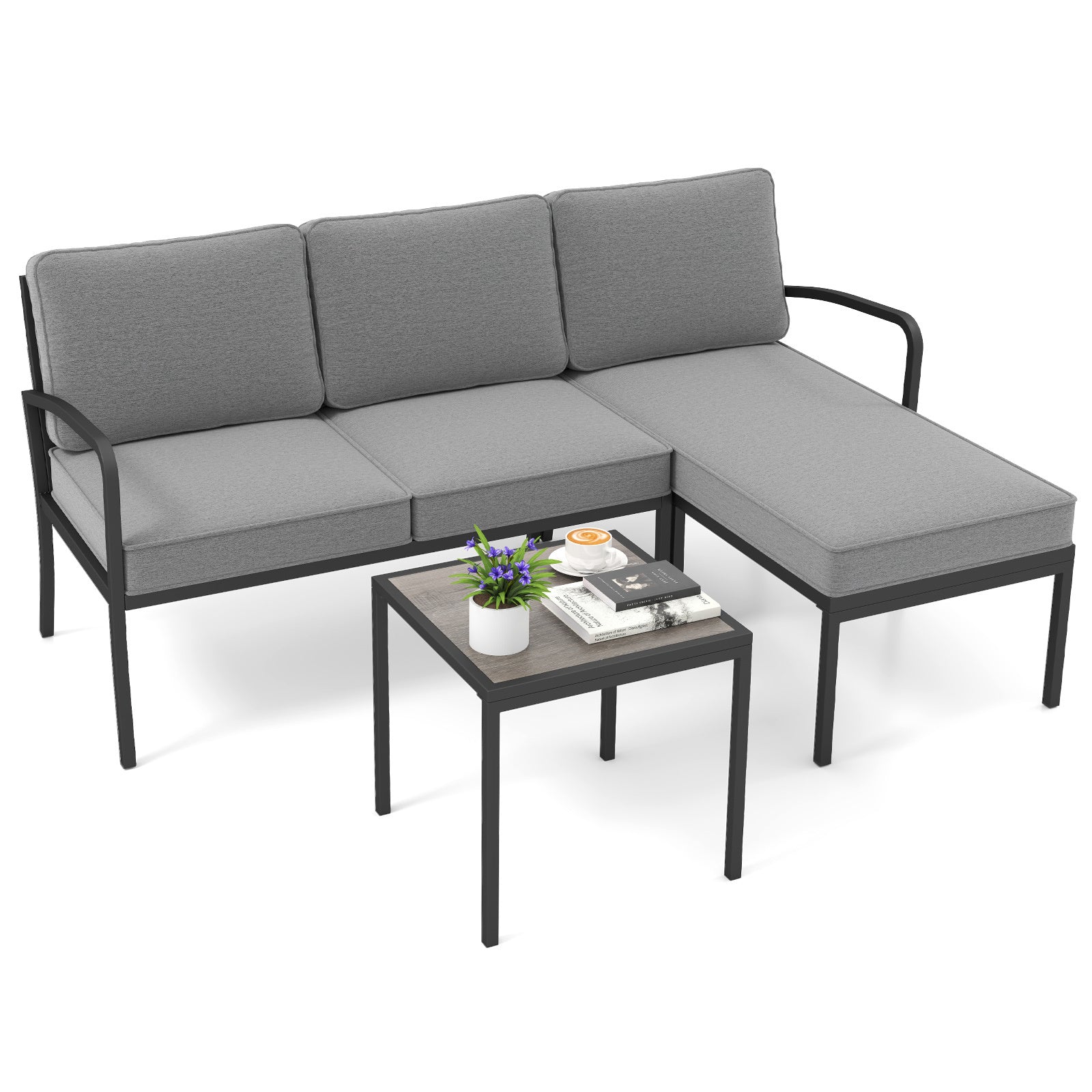 Trädgårdsmöbel, – delat balkongmöbelset med tvåsitssoffa, L formad och soffbord, grått – 3