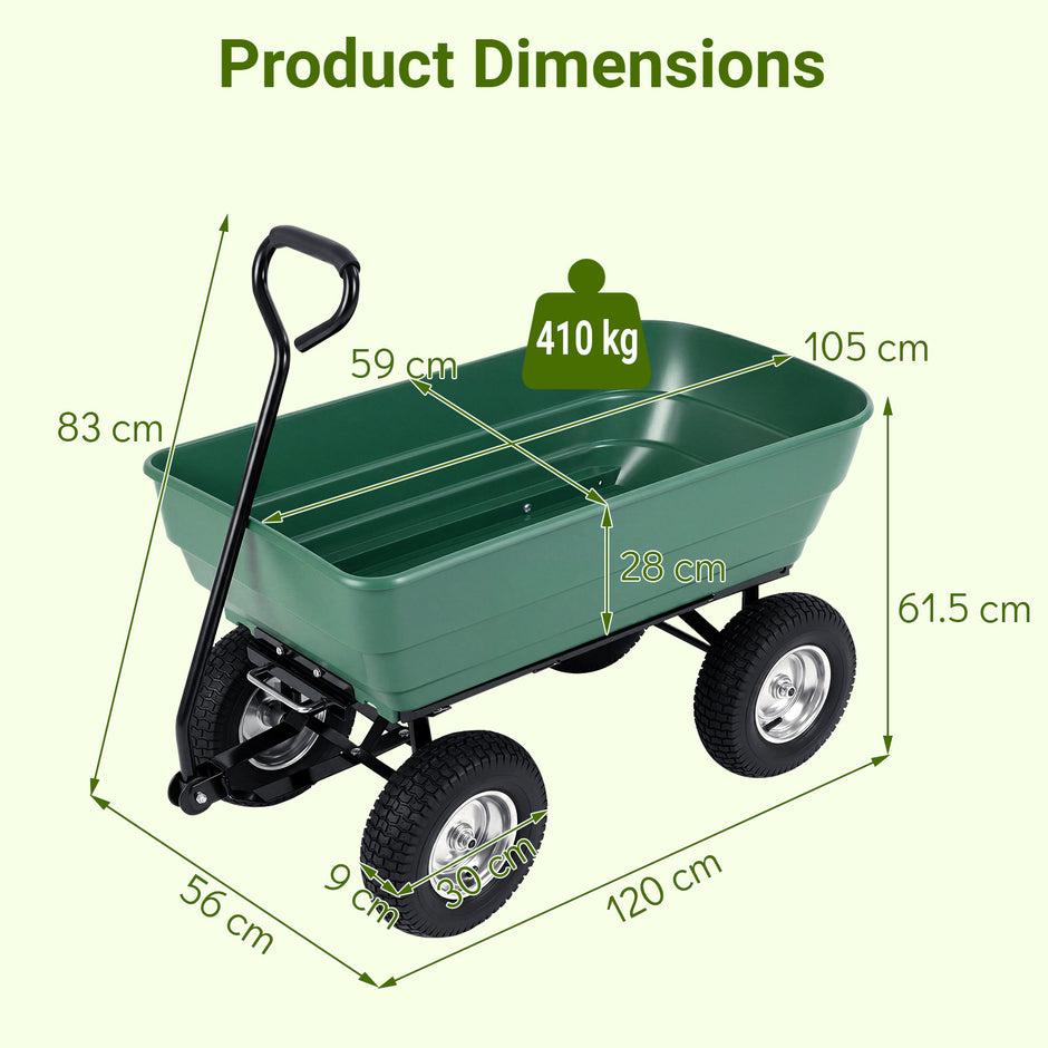Trädgårdsvagn – med tippfunktion upp till Handvagn125 L volym Justerbart handtag – 410 kg – Grön