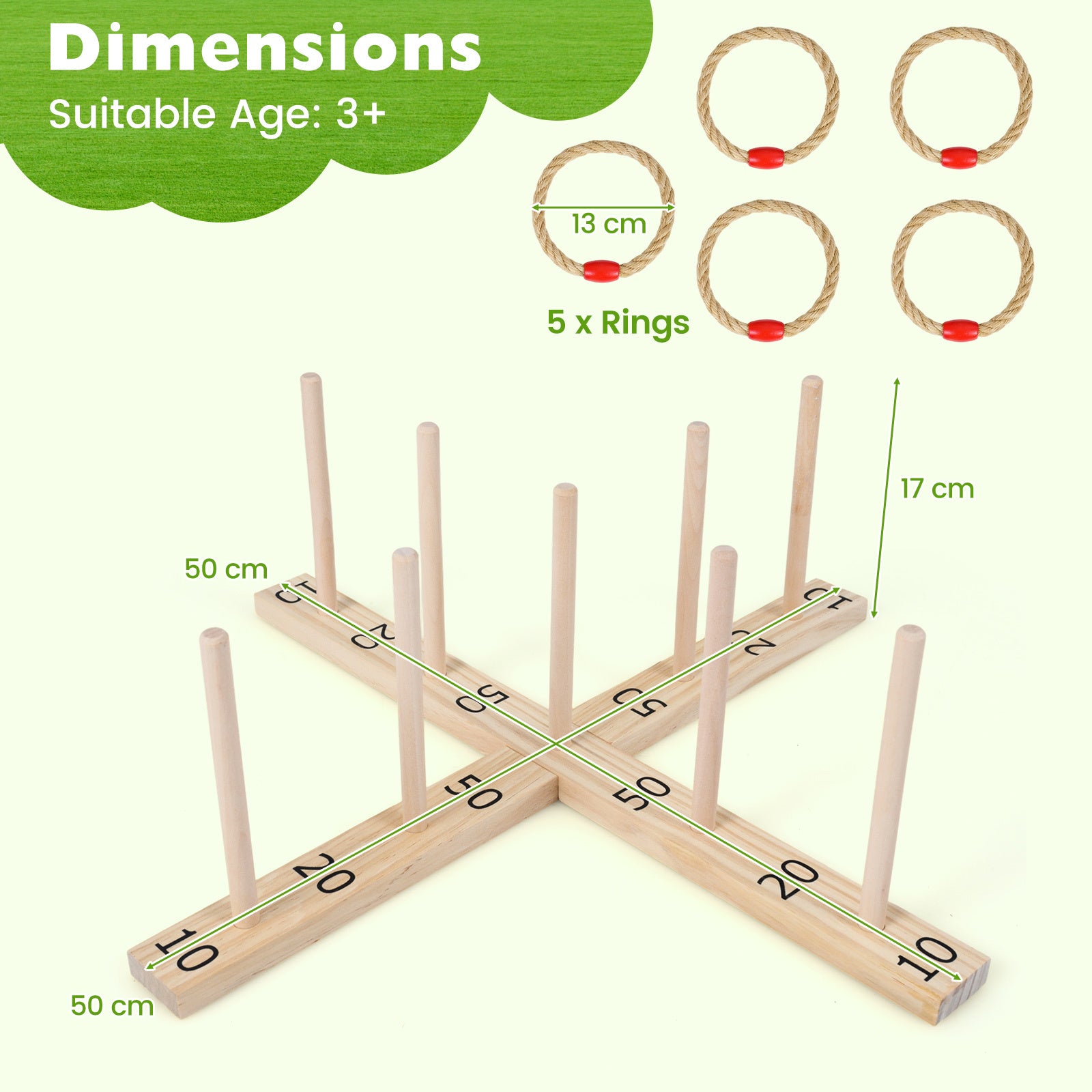 Träringkastningsspel – med repringar och träpinnar för barn vuxna – 5 9 50 x 50 x 17 cm