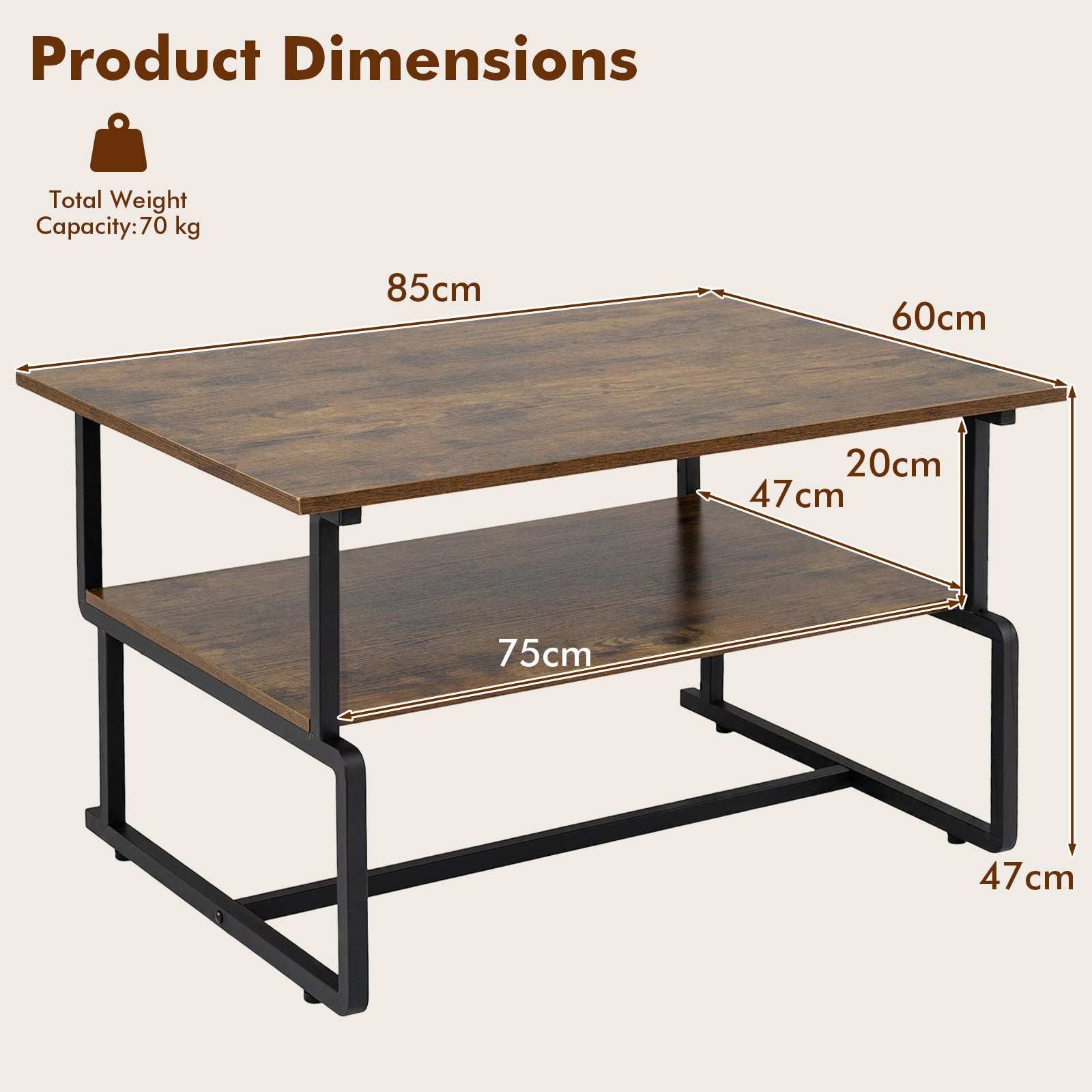 Tvåvånigt – soffbord Rektangulärt vardagsrumsbord med metallram och träutseende – 85 x 60 x 47 cm
