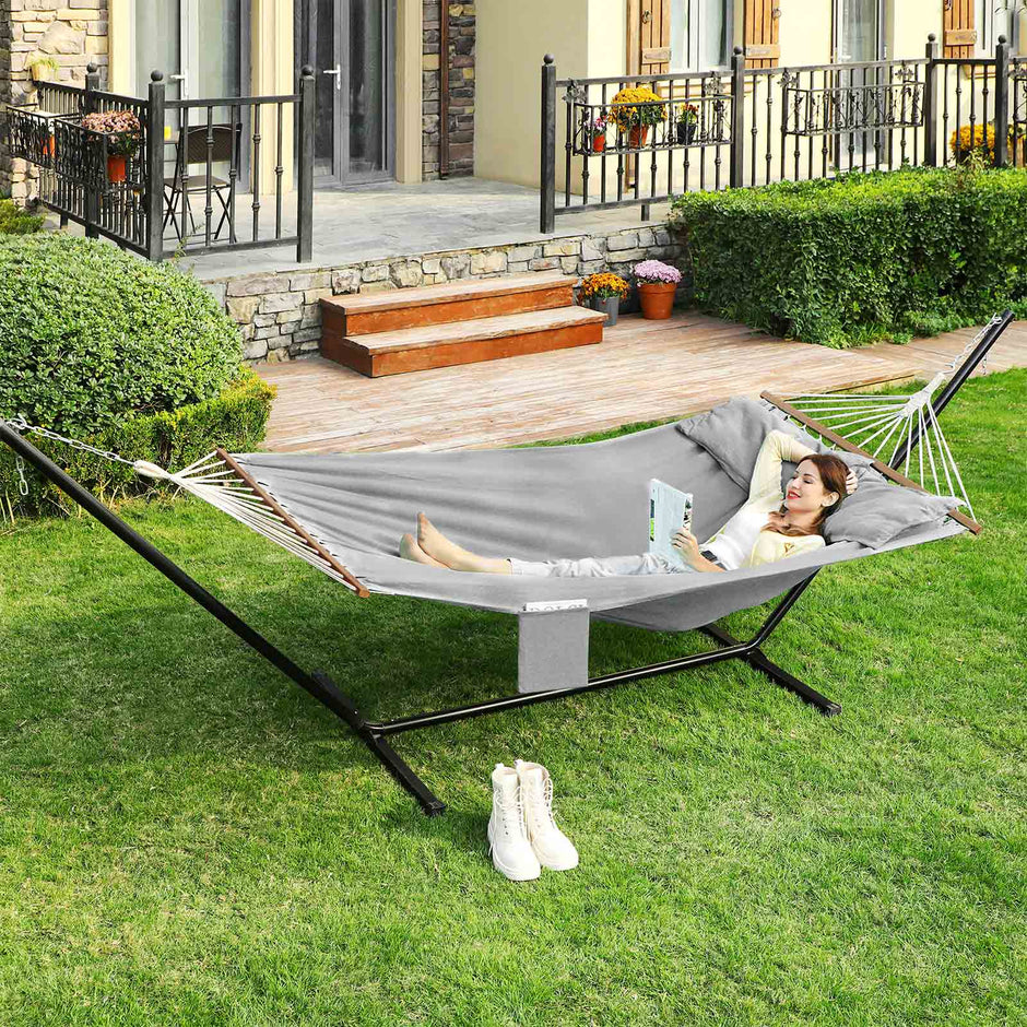 Hangmat - 210 x 150 cm - Met Houten Spreidstok - Met Kussens - Grijs