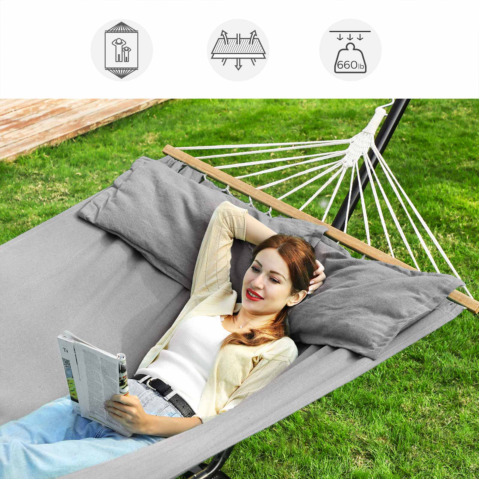 Hangmat - 210 x 150 cm - Met Houten Spreidstok - Met Kussens - Grijs