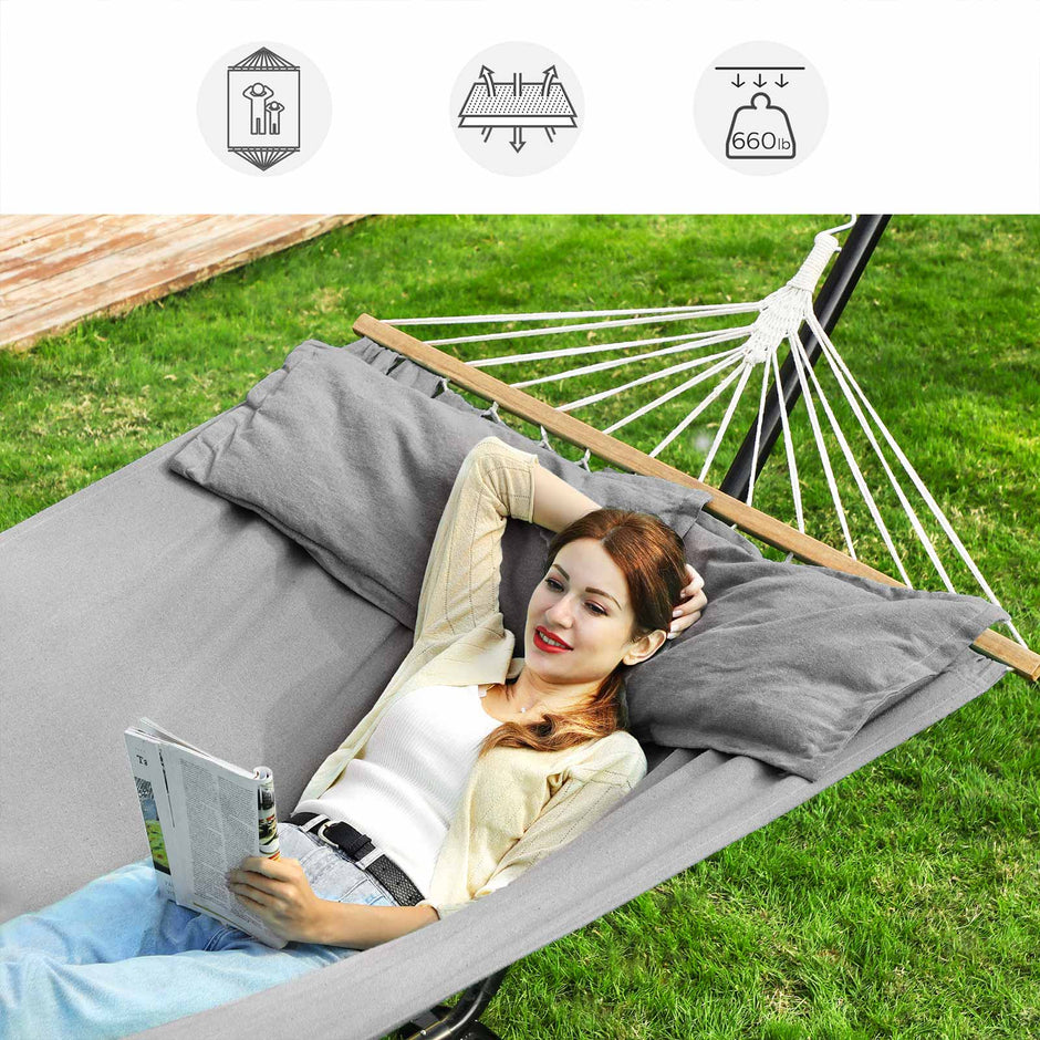 Hangmat - 210 x 150 cm - Met Houten Spreidstok - Met Kussens - Grijs