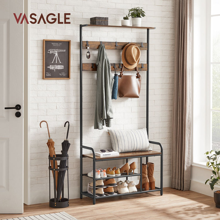 Klädhängare med bänk – vintage brun-svart
