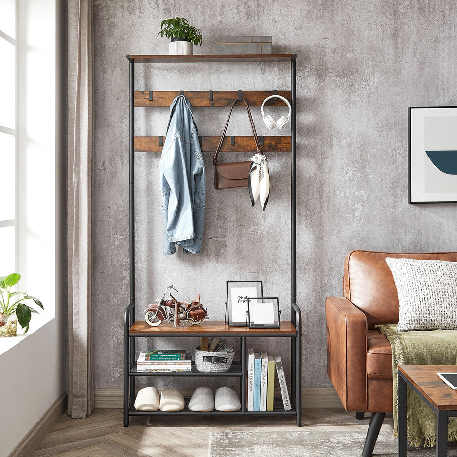 Klädhängare med bänk – vintage brun-svart