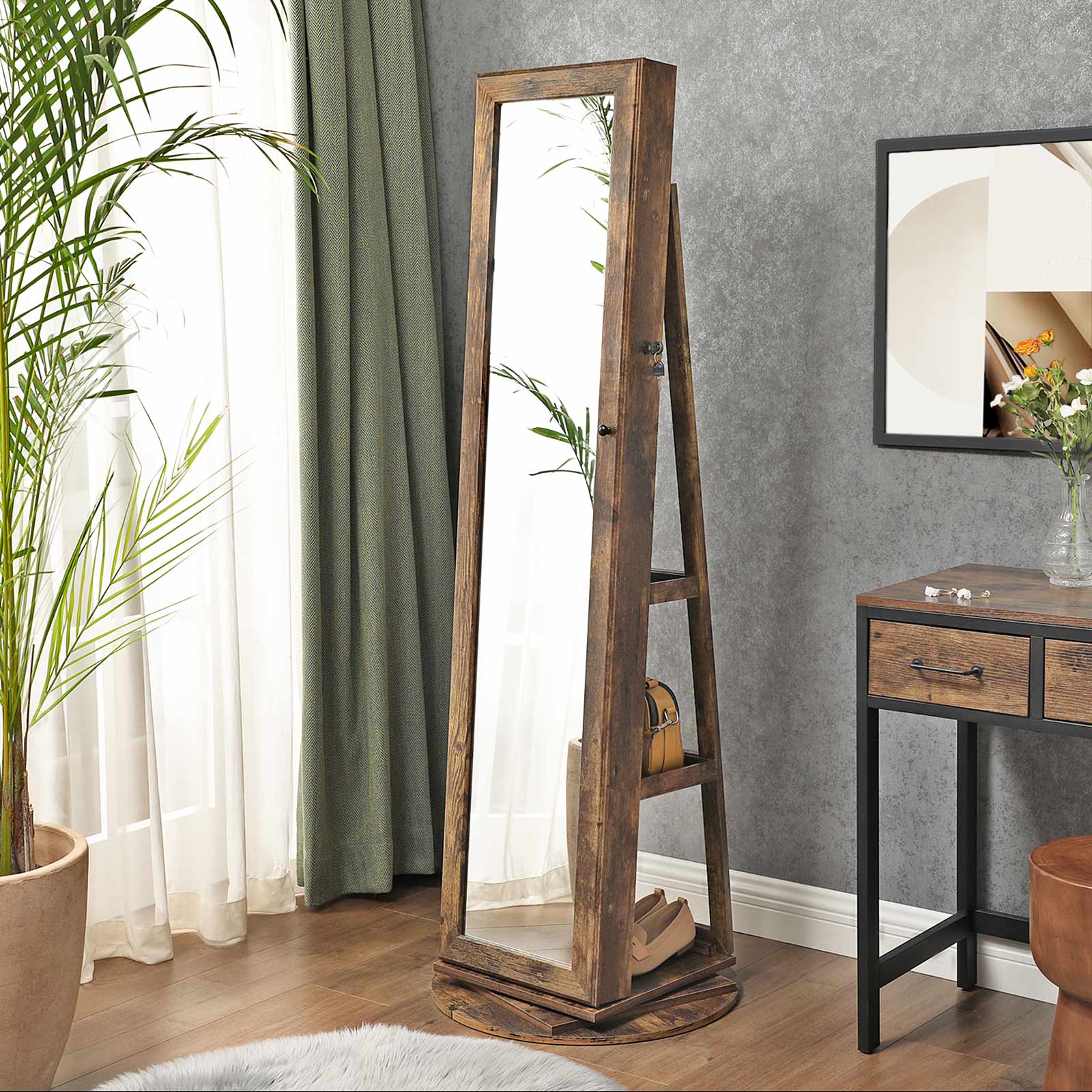 Smyckeskåp - spegelskåp - 360 ° roterbar - låsbar - med spegel - brun