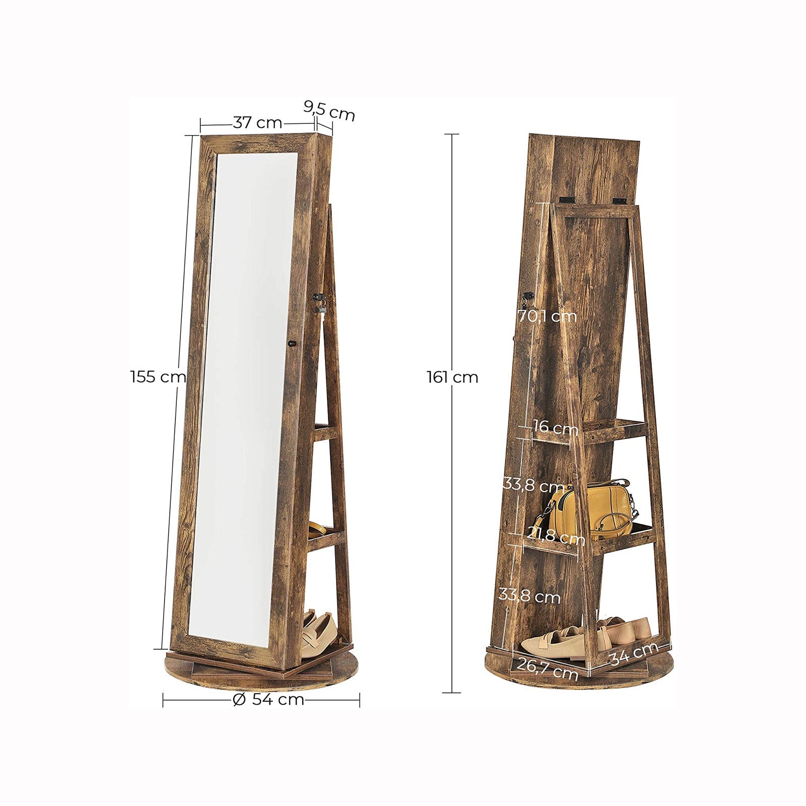 Smyckeskåp - spegelskåp - 360 ° roterbar - låsbar - med spegel - brun
