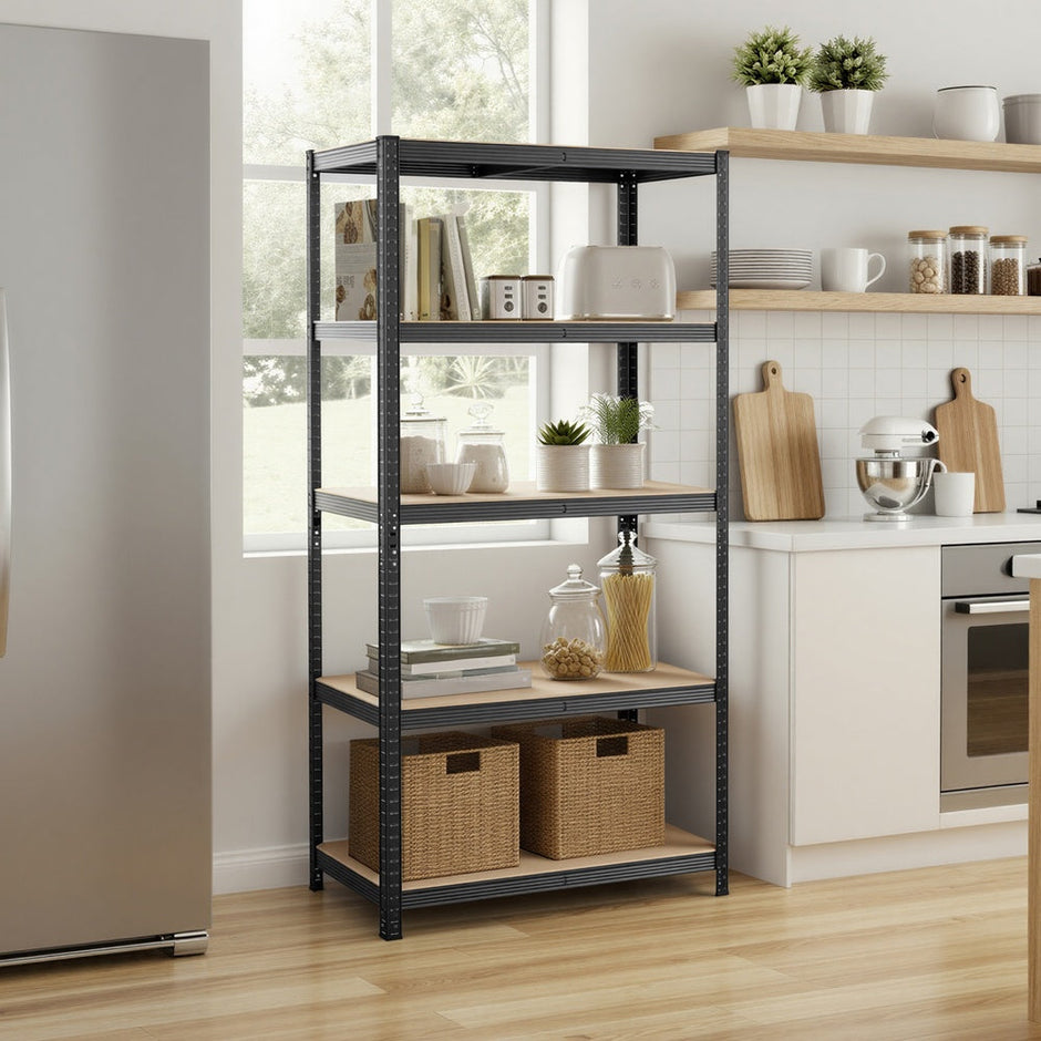 5-Tier Shelving Units Set of 2 - Power-Coated Steel Frame and MDF