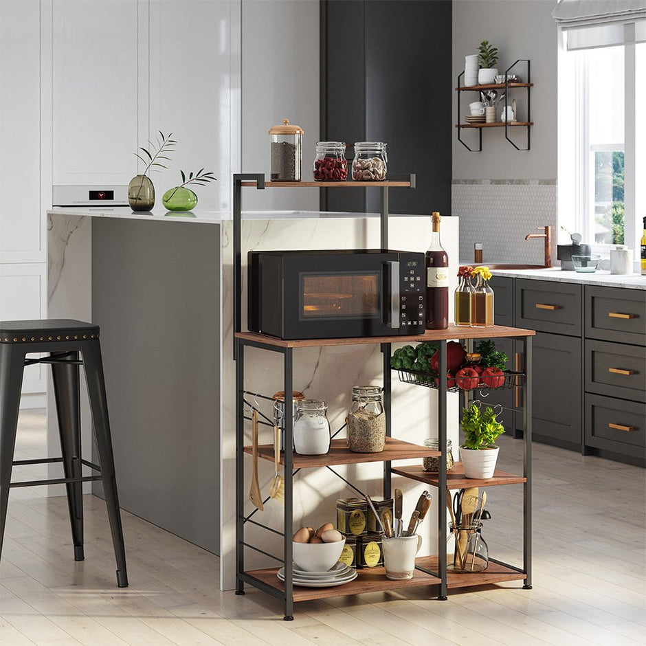 Kökshylla – Med metallkorg – Vintage Mörkbrun