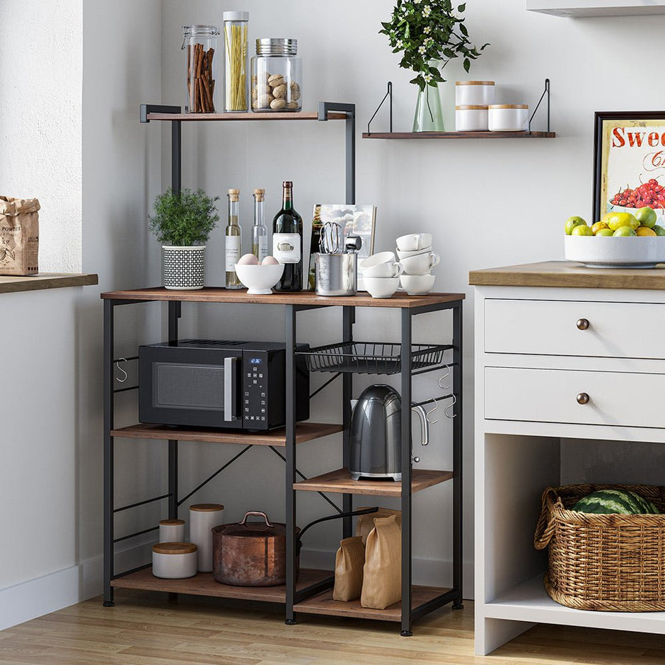 Kökshylla – Med metallkorg – Vintage Mörkbrun