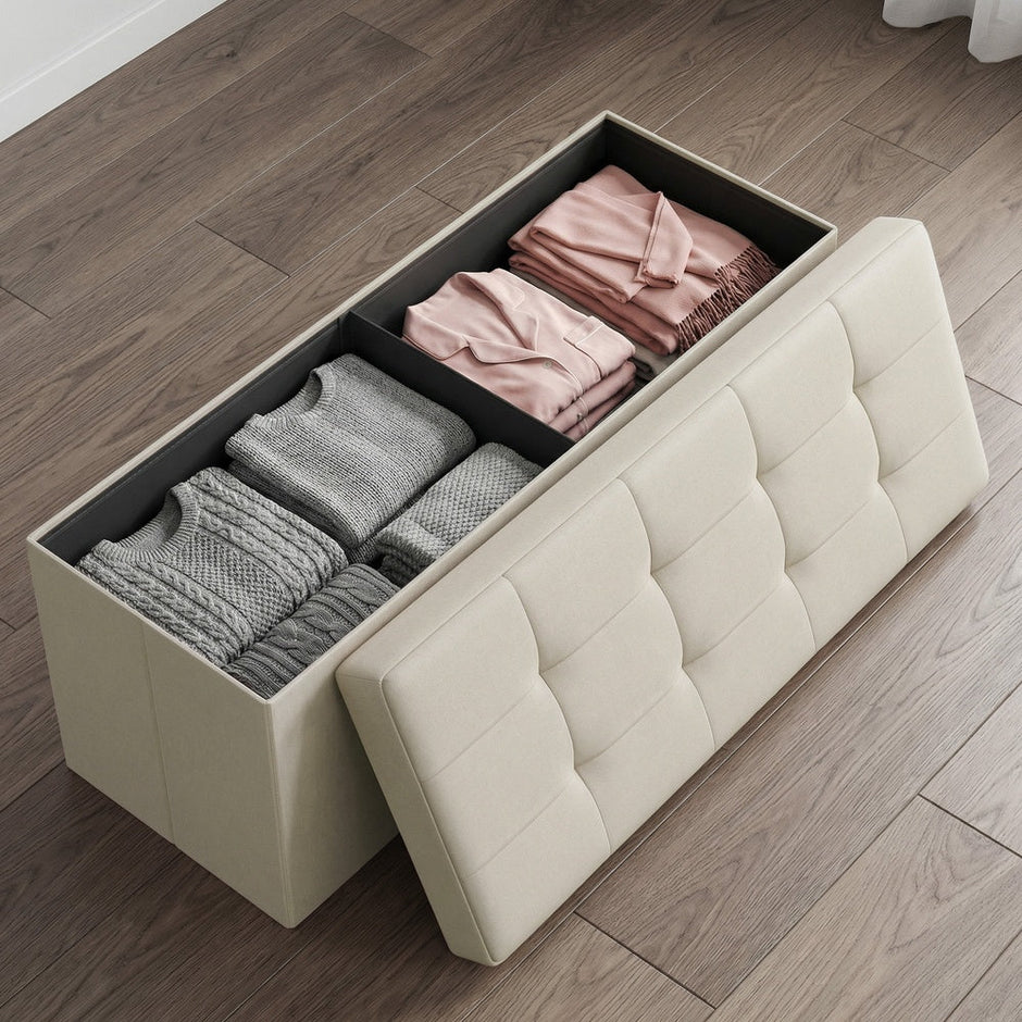 Storage Ottoman Bench - MDF and Linen-Look Fabric