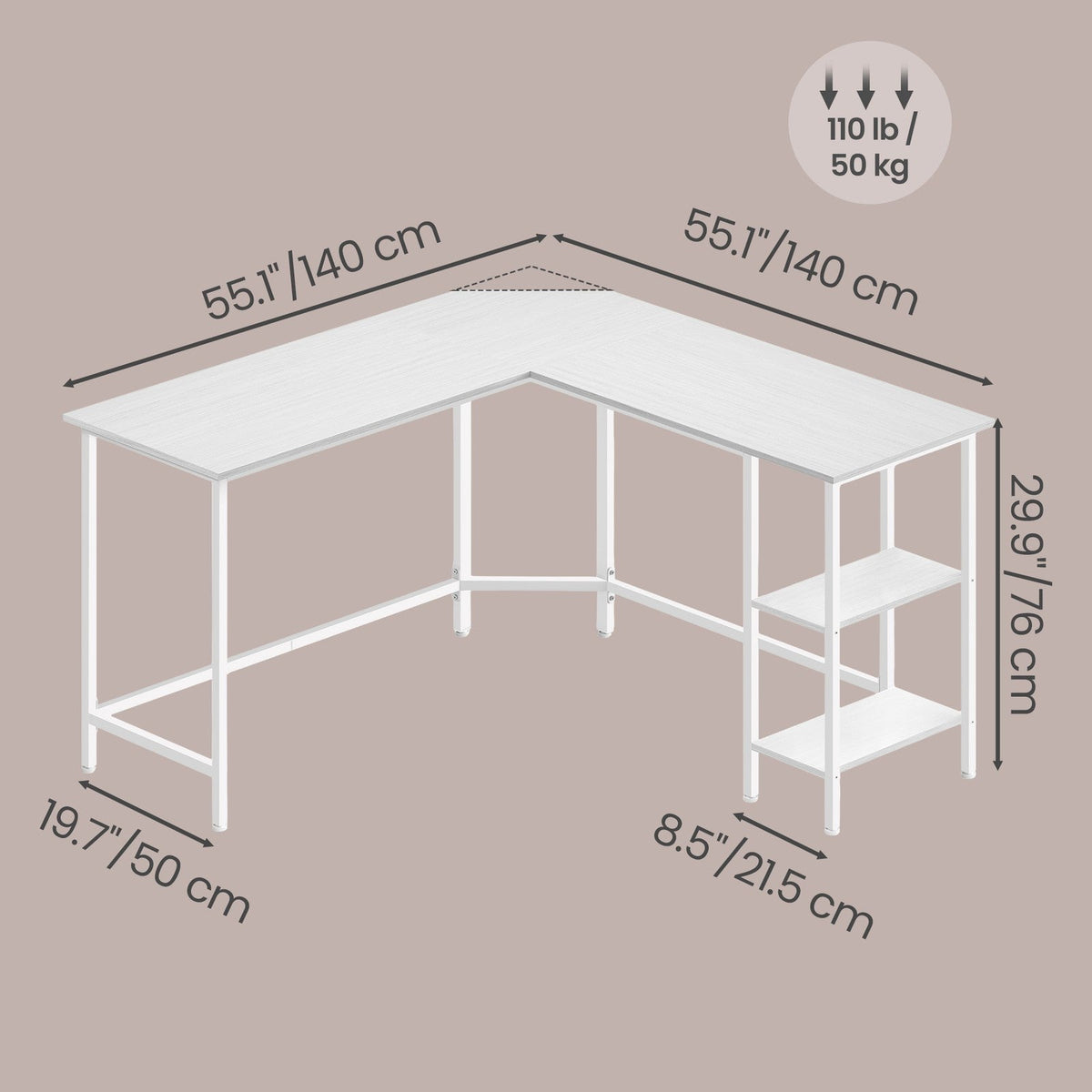 L-Shaped Writing Desk, 2 Storage Shelves - Wood and Steel