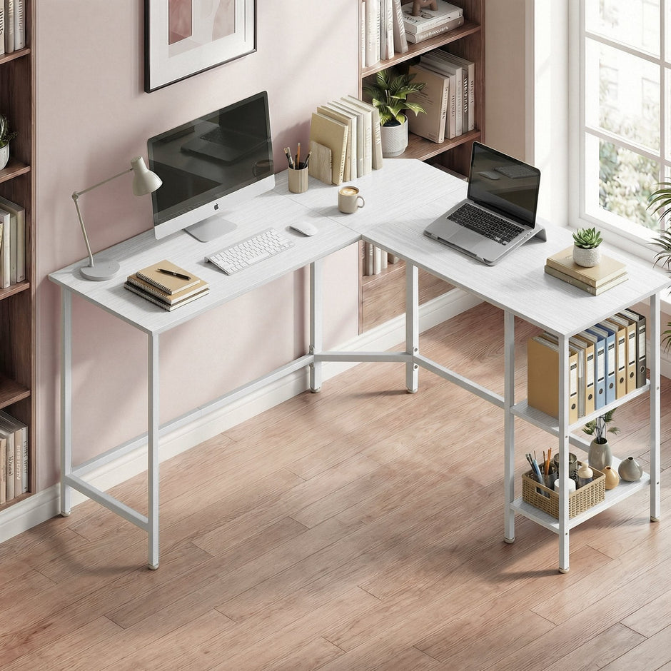 L-Shaped Writing Desk, 2 Storage Shelves - Wood and Steel