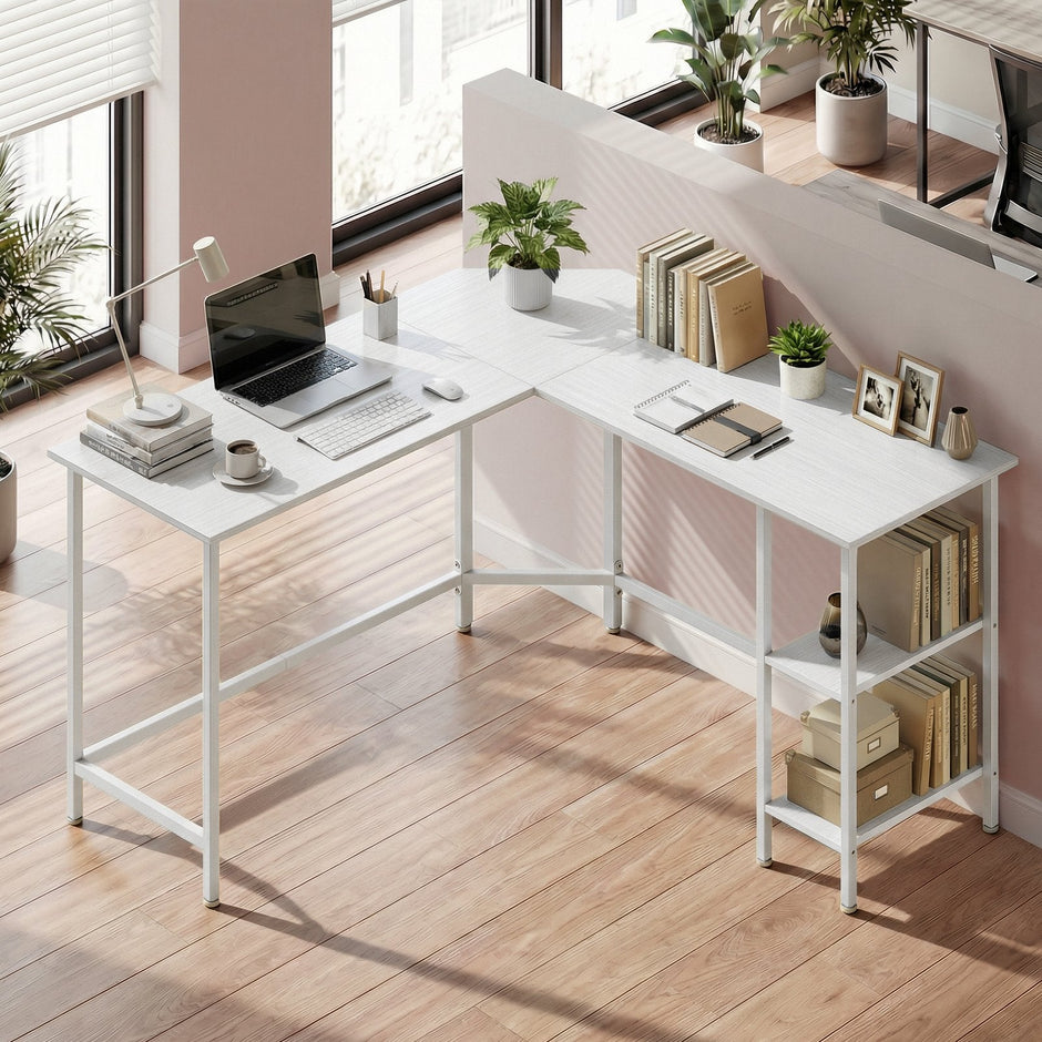 L-Shaped Writing Desk, 2 Storage Shelves - Wood and Steel