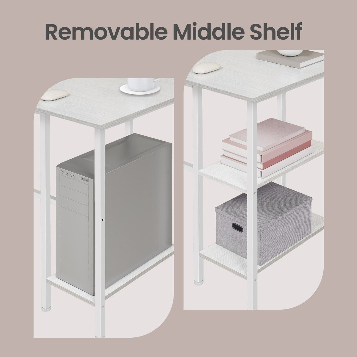L-Shaped Writing Desk, 2 Storage Shelves - Wood and Steel